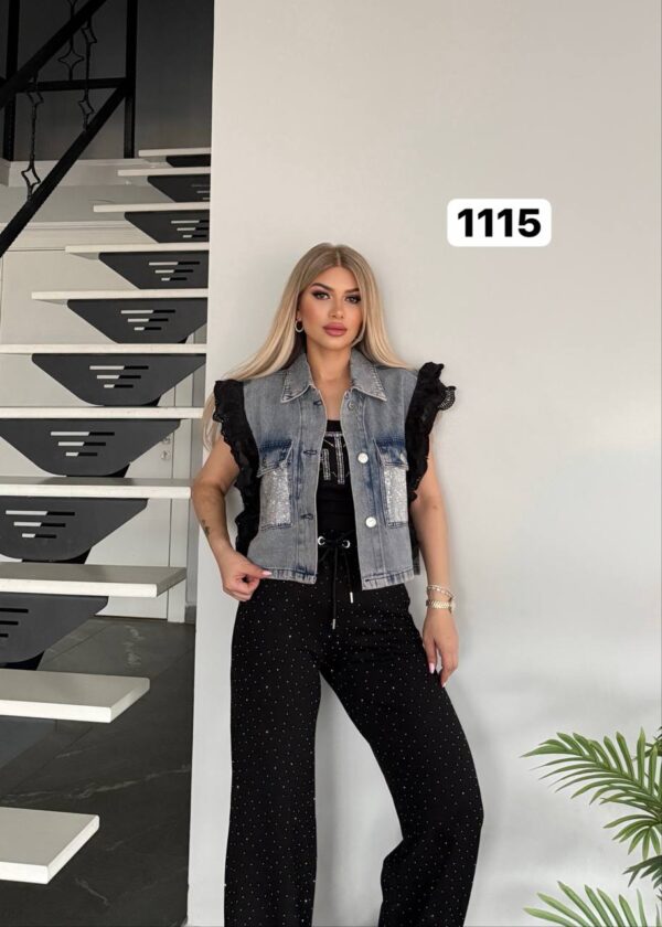 Embellished Denim Vest 3-Piece Pant Set