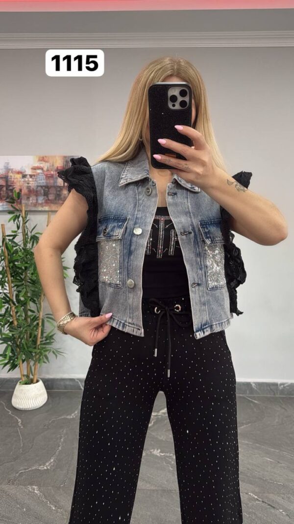 Embellished Denim Vest 3-Piece Pant Set