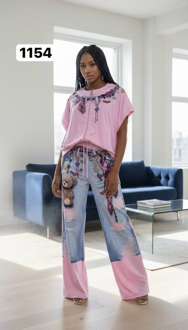 Graphic Print Denim-Effect Tracksuit Set