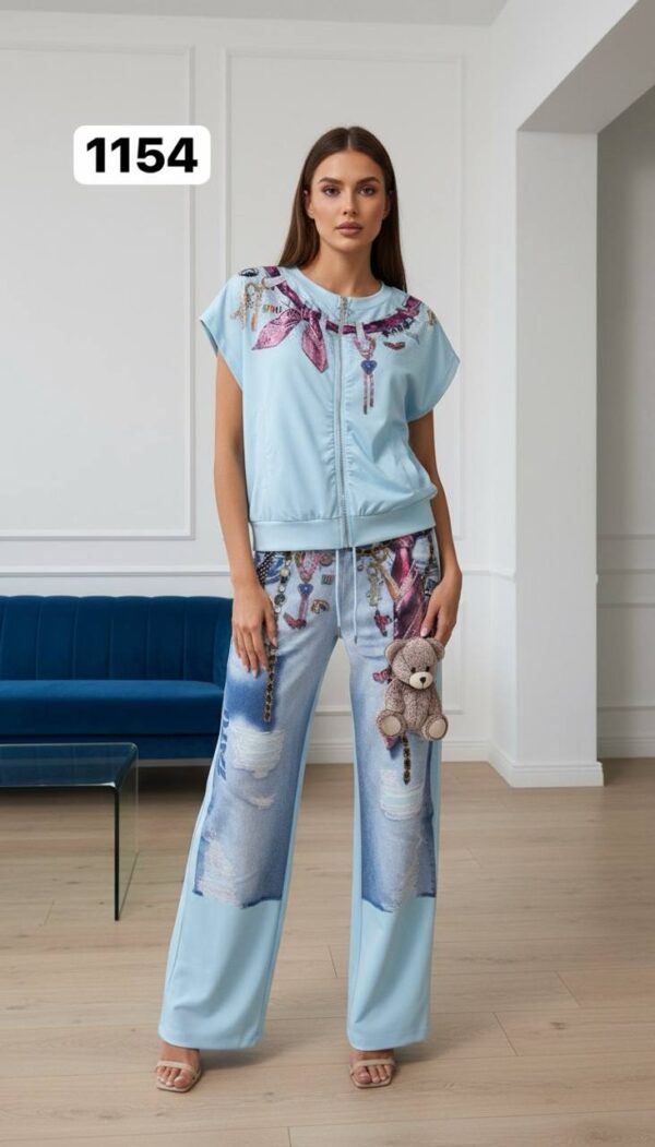 Graphic Print Denim-Effect Tracksuit Set