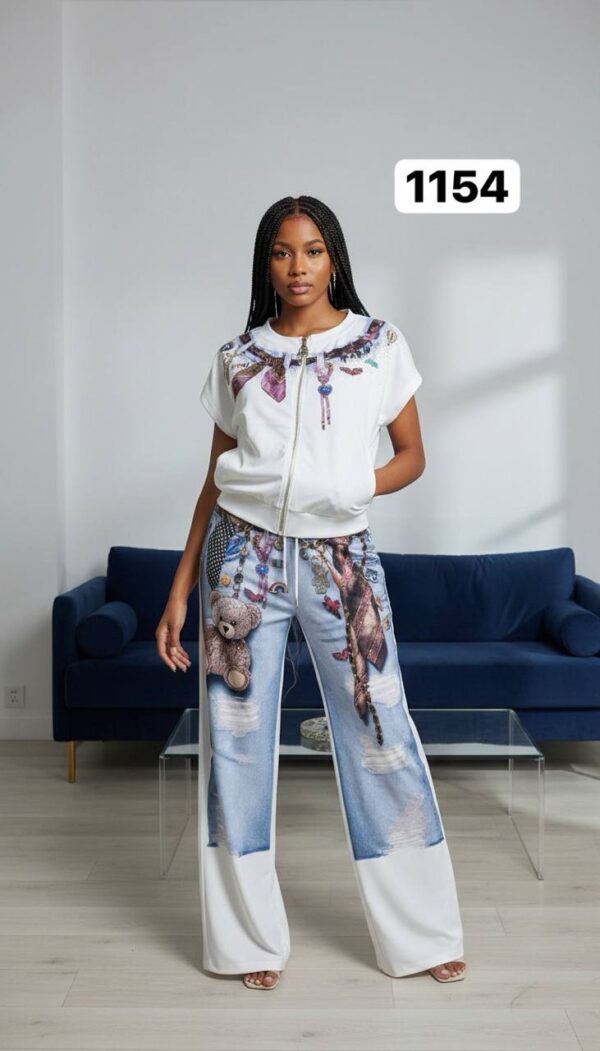 Graphic Print Denim-Effect Tracksuit Set