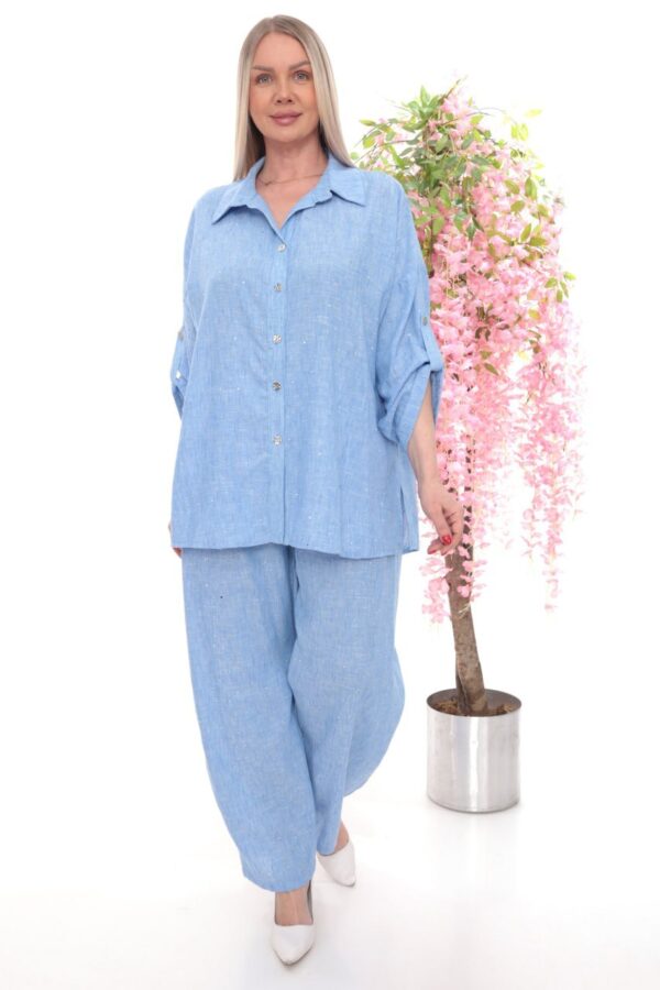 Embellished Linen Two-Piece Pant Set