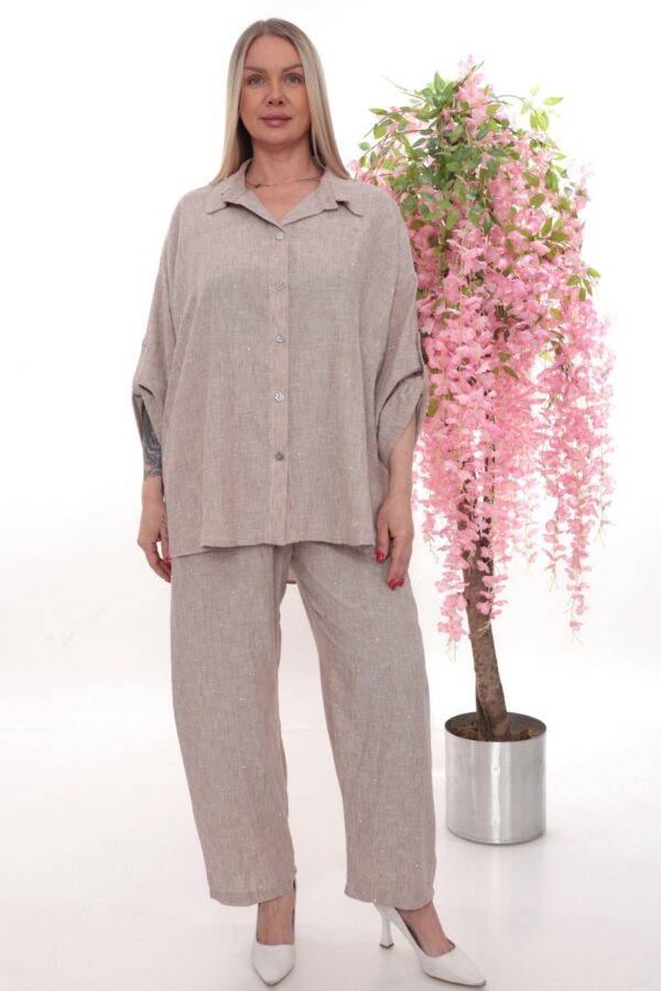 Embellished Linen Two-Piece Pant Set