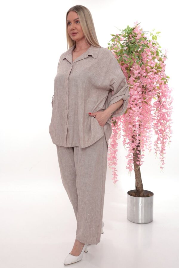 Embellished Linen Two-Piece Pant Set