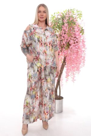 Abstract Print Cold Shoulder & Wide-Leg Pants Set