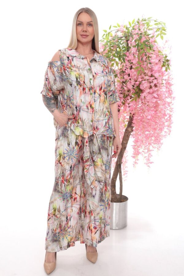 Abstract Print Cold Shoulder & Wide-Leg Pants Set