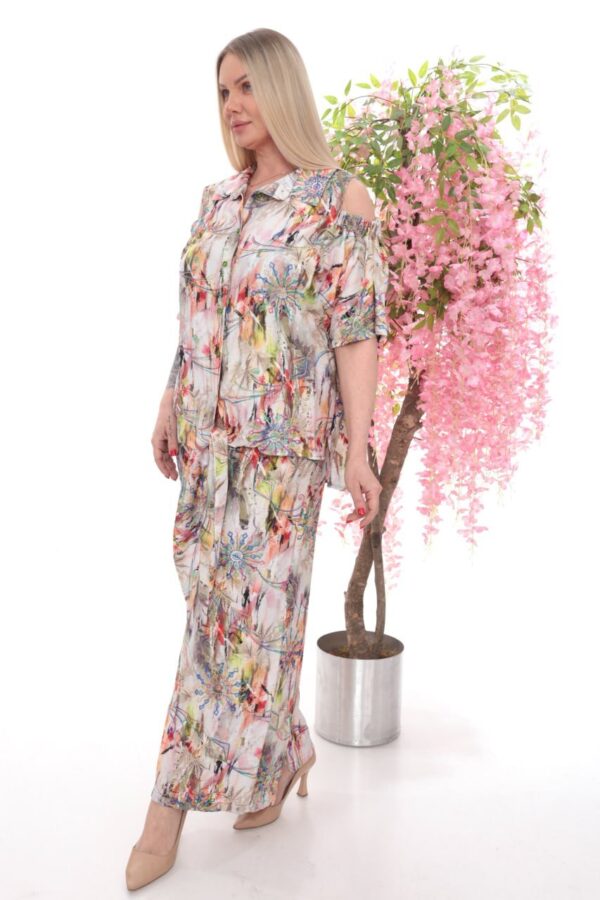 Abstract Print Cold Shoulder & Wide-Leg Pants Set