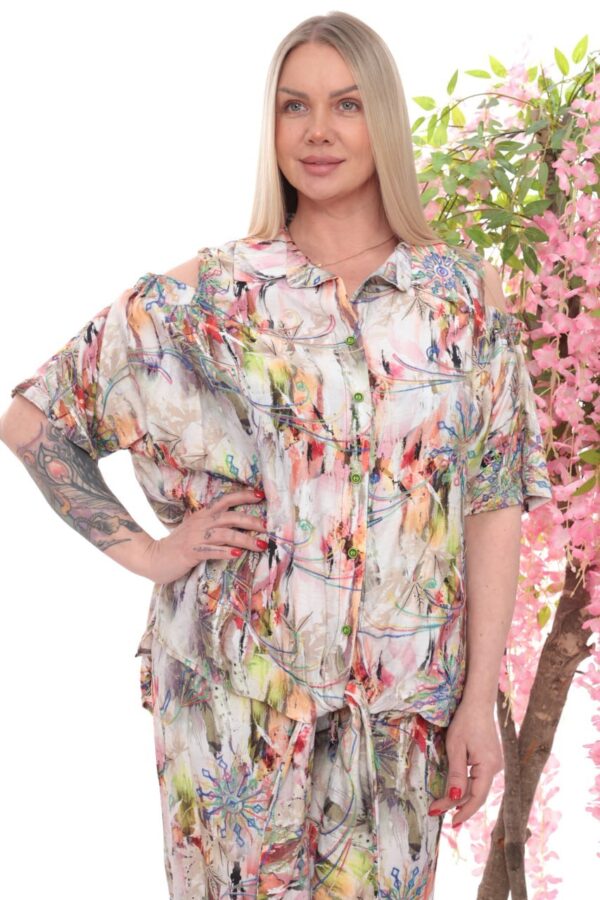 Abstract Print Cold Shoulder & Wide-Leg Pants Set