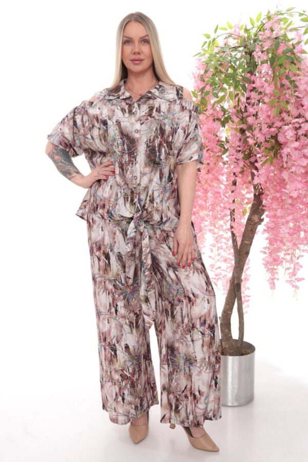 Abstract Print Cold Shoulder & Wide-Leg Pants Set