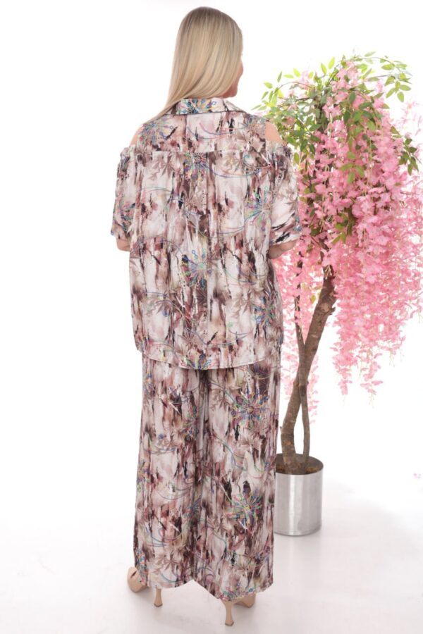 Abstract Print Cold Shoulder & Wide-Leg Pants Set