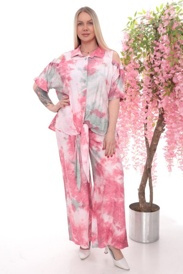 Abstract Print Cold Shoulder & Wide-Leg Pants Set