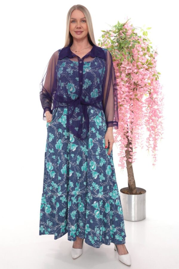 Floral Print Maxi Dress with Sheer Tie-Front Blouse Set