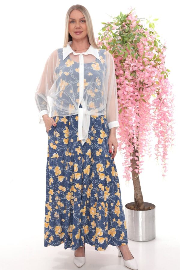 Floral Print Maxi Dress with Sheer Tie-Front Blouse Set