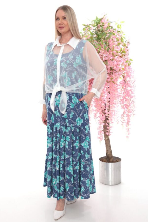 Floral Print Maxi Dress with Sheer Tie-Front Blouse Set