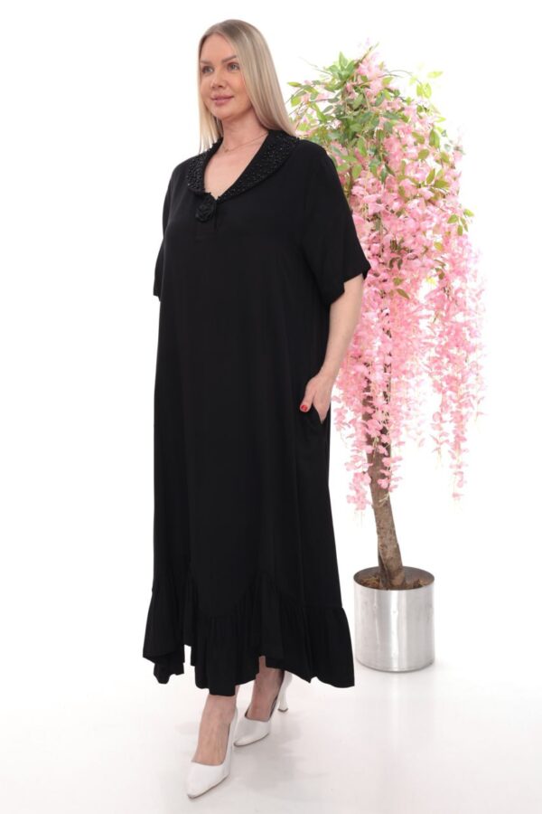 Beaded Collar Asymmetrical Ruffle Dress