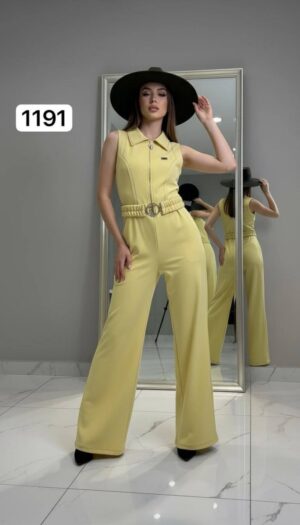 Wholesale Collared Zip-Front Belted Jumpsuit