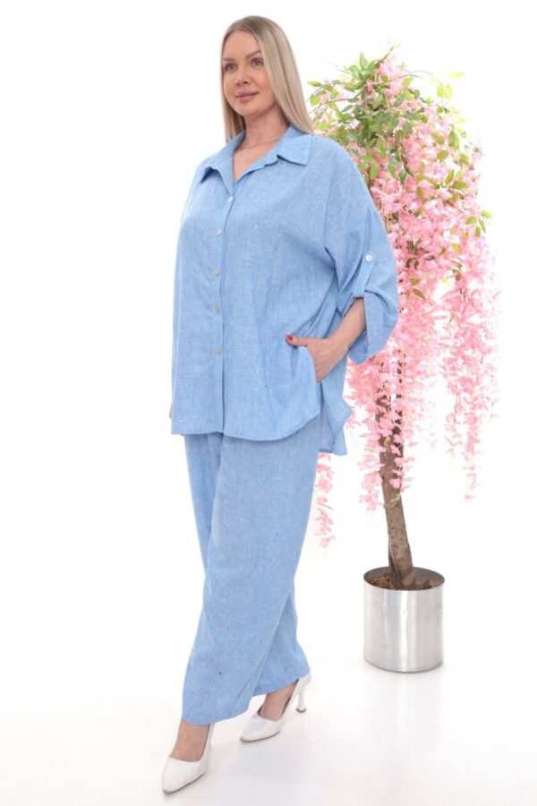 Embellished Linen Two-Piece Pant Set