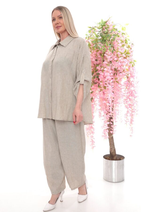 Embellished Linen Two-Piece Pant Set