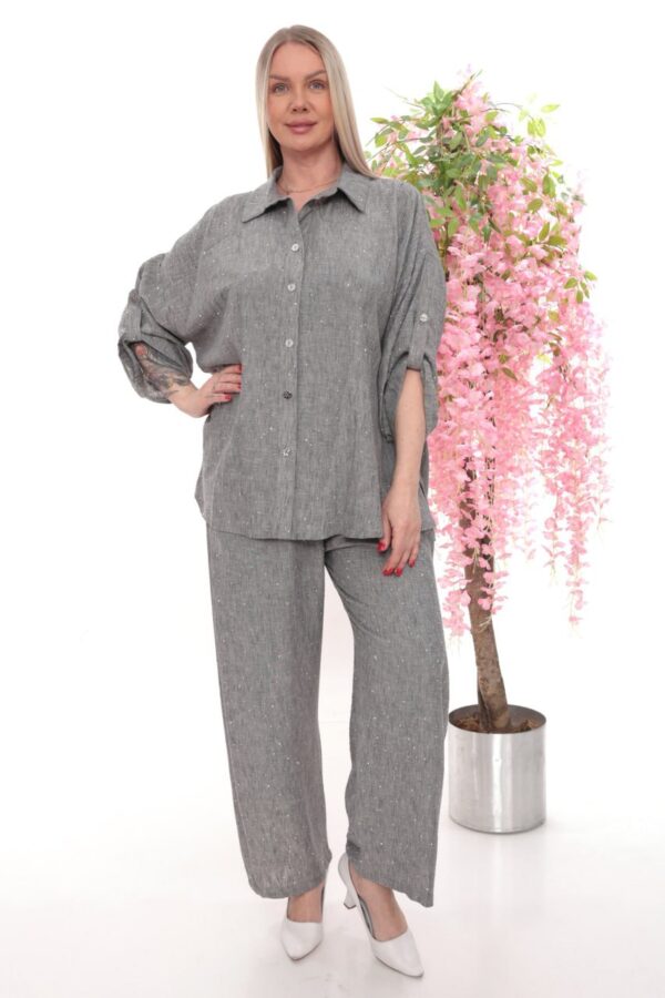 Embellished Linen Two-Piece Pant Set