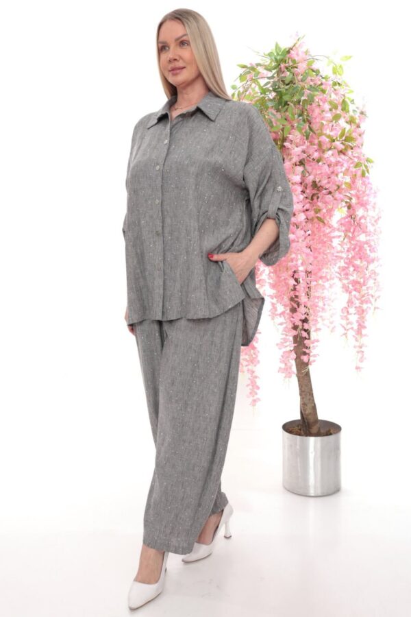 Embellished Linen Two-Piece Pant Set