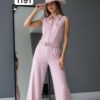 Wholesale Collared Zip-Front Belted Jumpsuit