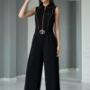 Wholesale Collared Zip-Front Belted Jumpsuit