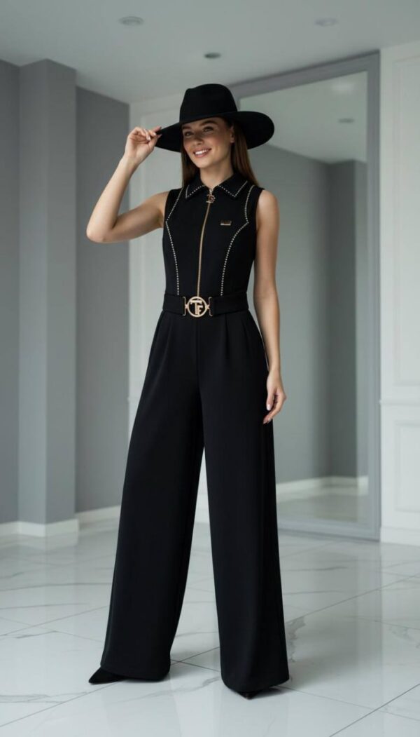 Wholesale Collared Zip-Front Belted Jumpsuit