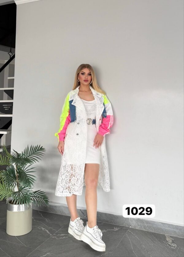 Colorblock Lace & Denim Sport Trench Coat