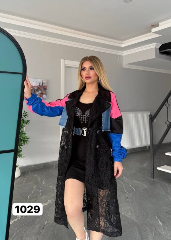 Colorblock Lace & Denim Sport Trench Coat