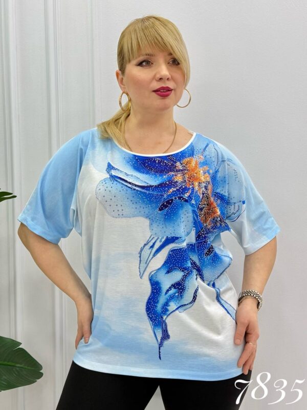 Rhinestone Embellished Floral Art Blouse