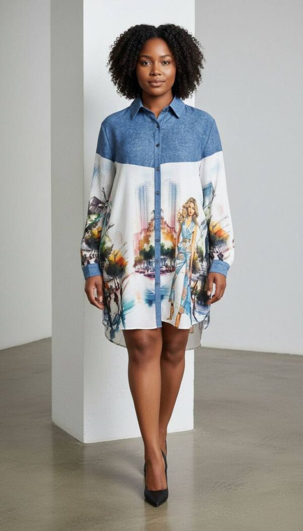 Cityscape Print Denim Tunic Dress