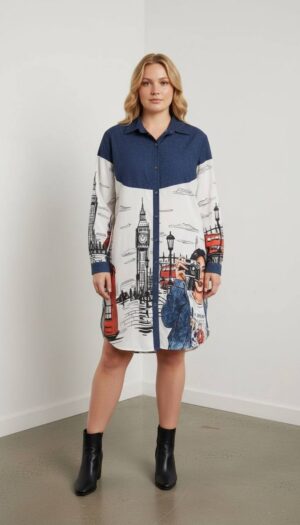London Print Denim Contrast Shirt Dress