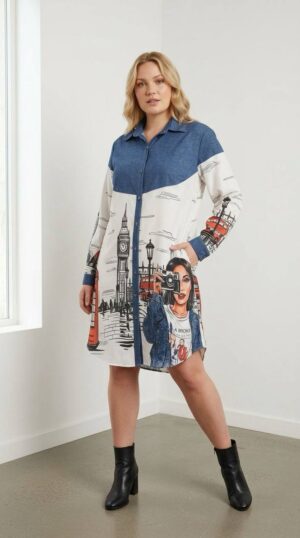 London Print Denim Contrast Shirt Dress