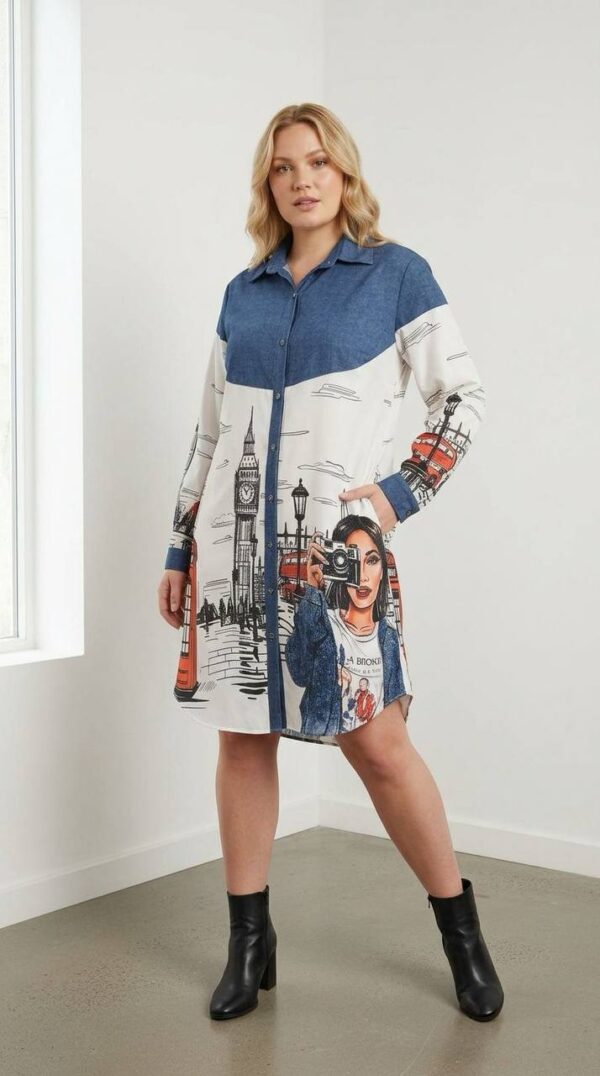 London Print Denim Contrast Shirt Dress London Print Denim Contrast Shirt Dress