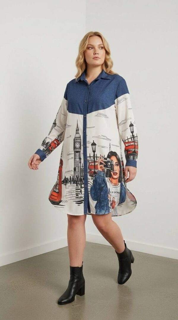London Print Denim Contrast Shirt Dress London Print Denim Contrast Shirt Dress