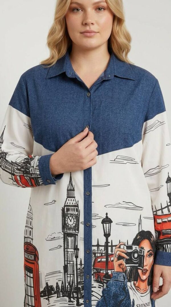 London Print Denim Contrast Shirt Dress London Print Denim Contrast Shirt Dress