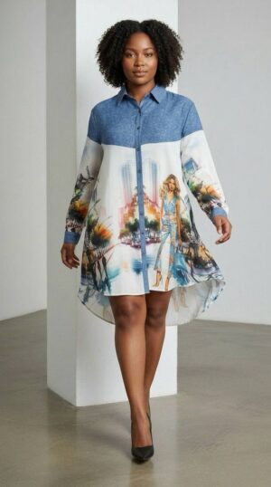 Cityscape Print Denim Tunic Dress