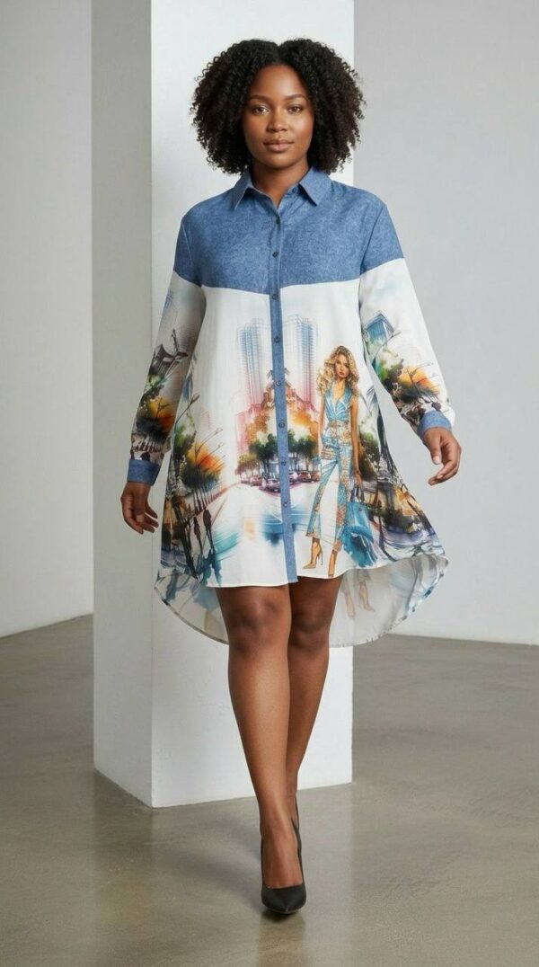 Cityscape Print Denim Tunic Dress