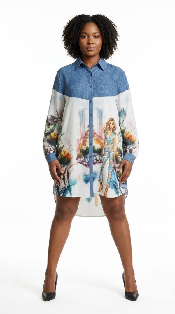 Cityscape Print Denim Tunic Dress