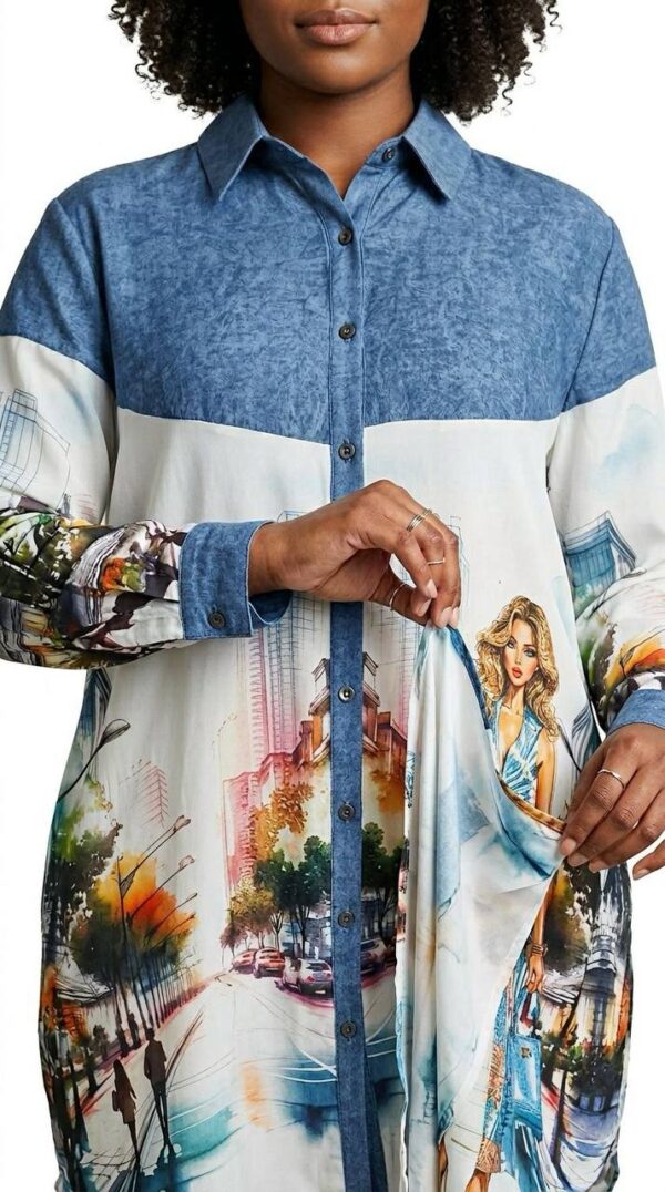 Cityscape Print Denim Tunic Dress