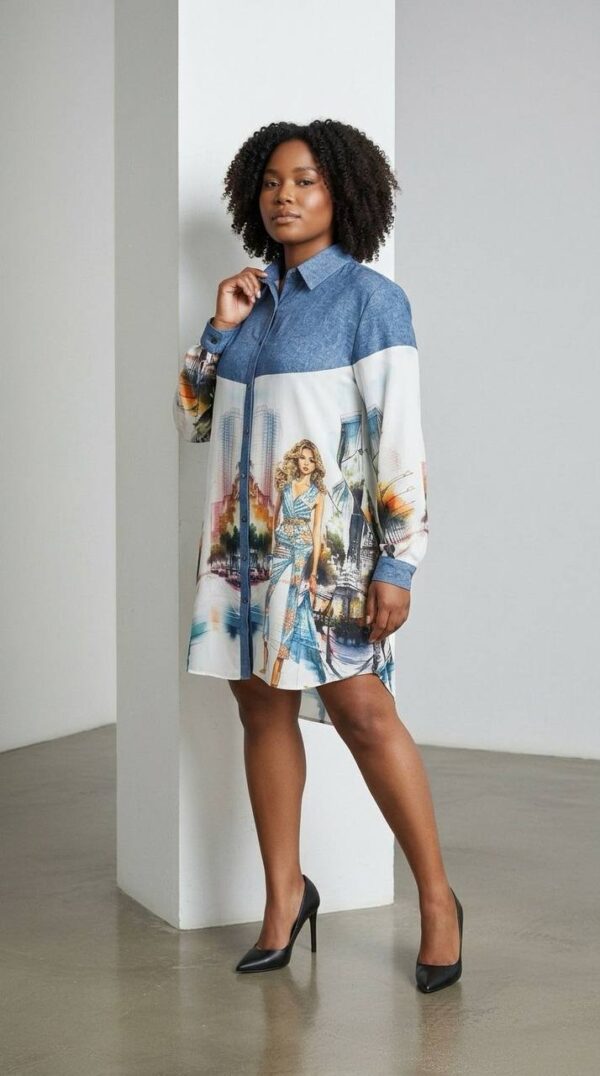 Cityscape Print Denim Tunic Dress