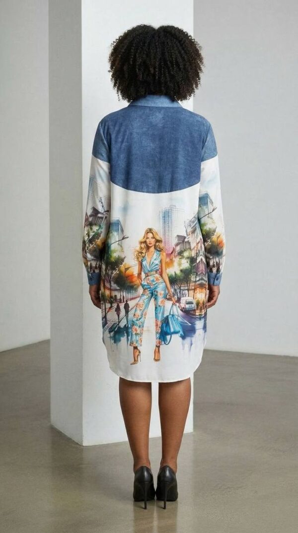 Cityscape Print Denim Tunic Dress