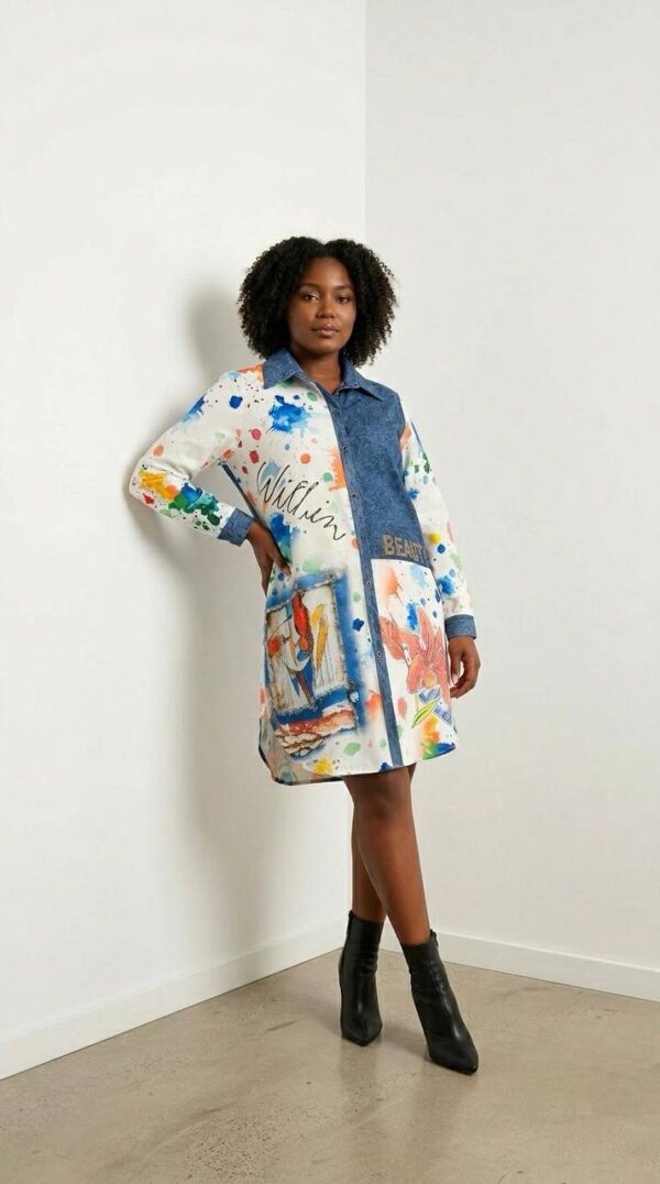Artistic Paint Splatter Denim Mini Shirt Dress