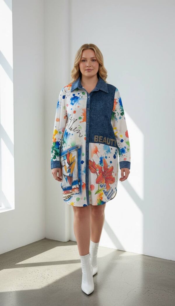 Artistic Paint Splatter Denim Mini Shirt Dress