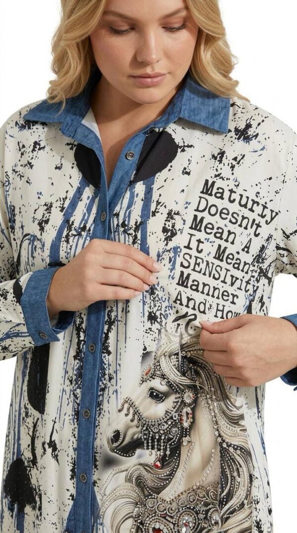 Graphic Print Mini Shirt Dress with Denim Accents