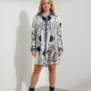 Graphic Print Mini Shirt Dress with Denim Accents