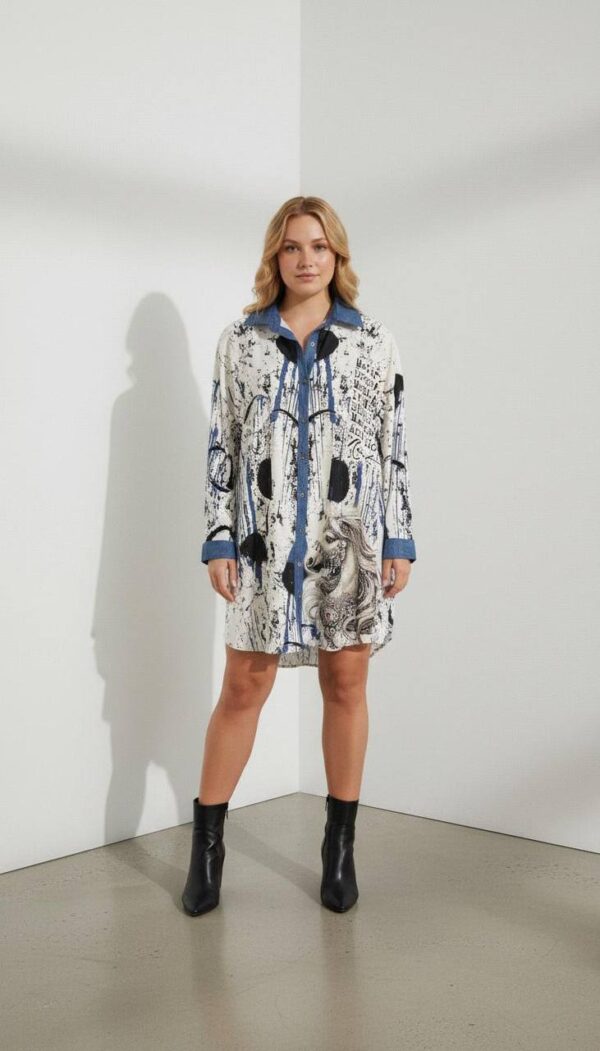Graphic Print Mini Shirt Dress with Denim Accents