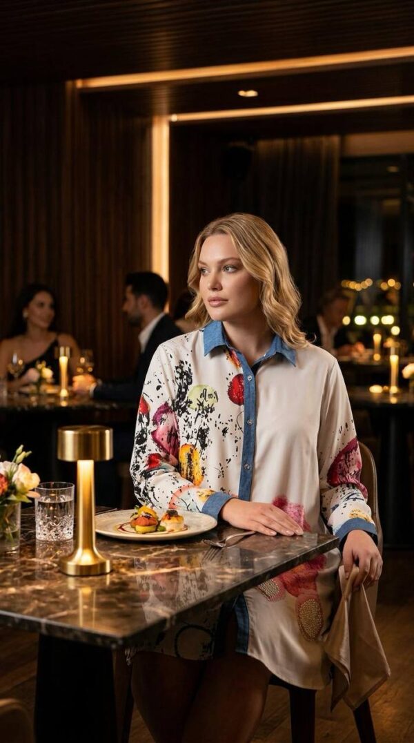 Graphic Print Shirt Dress with Denim Accents