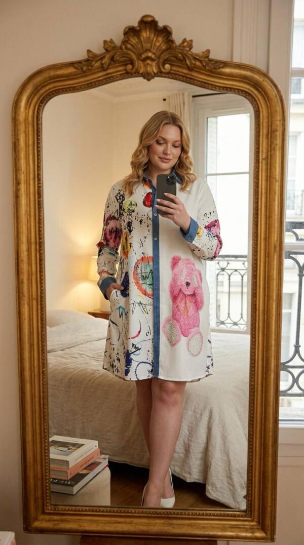 Graphic Print Shirt Dress with Denim Accents