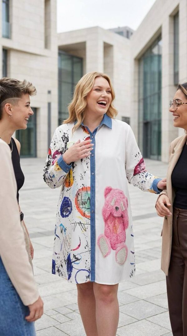 Graphic Print Shirt Dress with Denim Accents